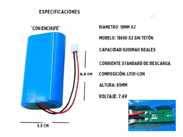 &uu BATERIA PILA RECARGABLES 18650 DOBLE 3,7V + CONECTOR + BND